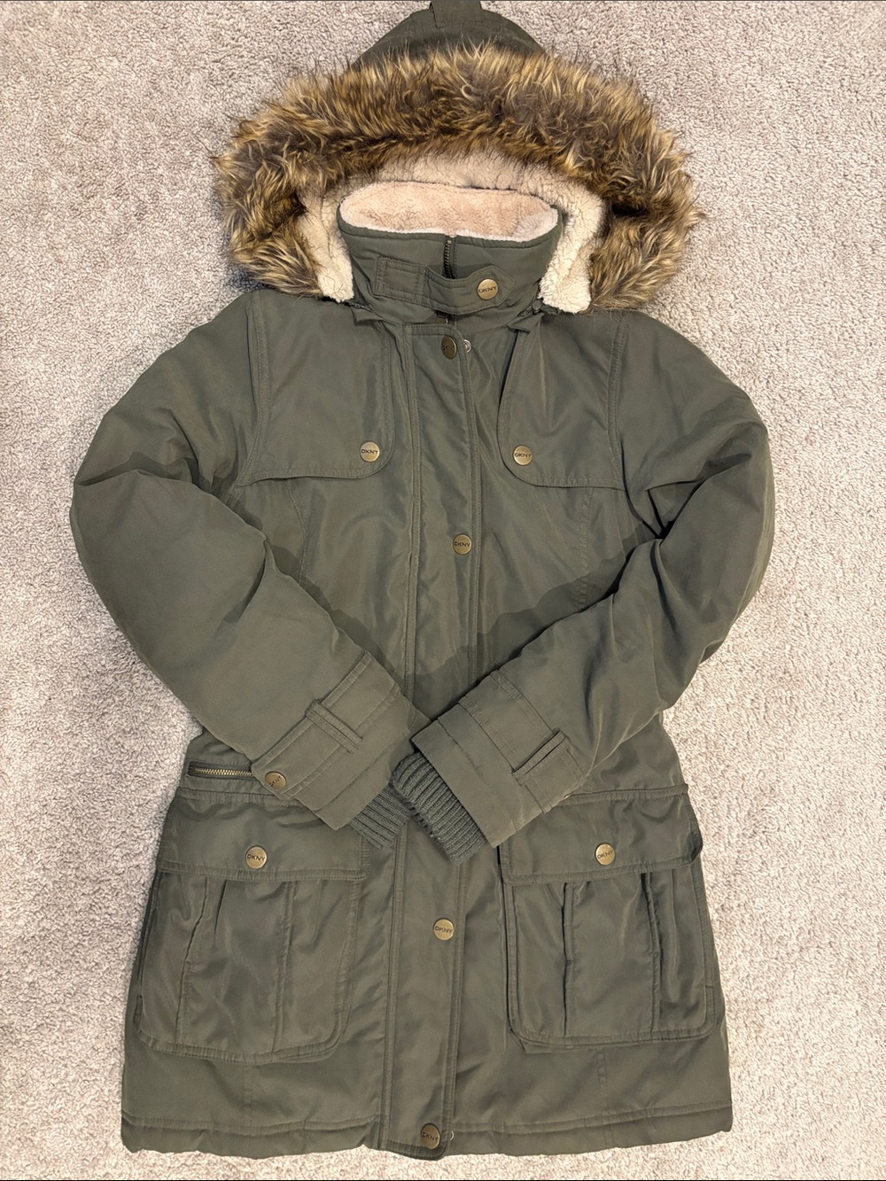 Dkny Olive Green Utility Parka with Faux Fur Hood